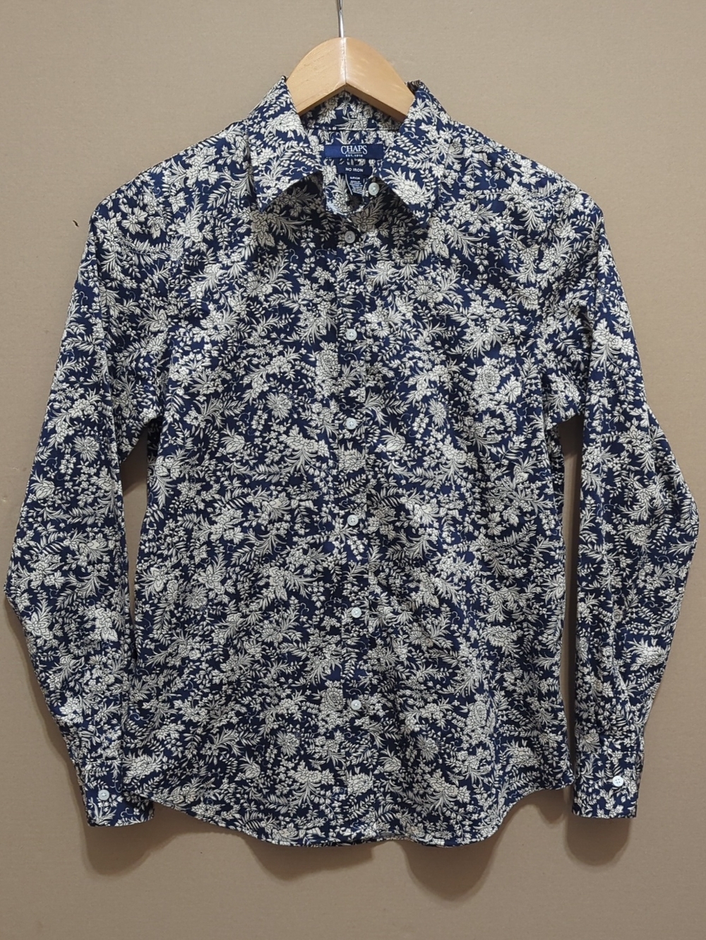 Chaps‎ Floral Button Shirt Women’s NavyTan Non Iron Collared Long Sleeves PS
